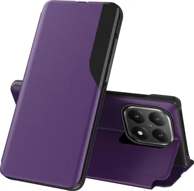 A purple flip stand case for a Xiaomi 15T phone is shown from a slightly elevated angle, with the phone partially inserted into the case.