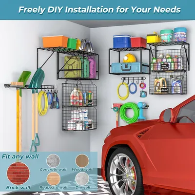 Produktbild von Garagenregal mit Drahtkörben und Haken, 3er Set, Schwerlast, für Werkstatt und Küche