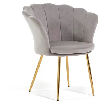 Immagine prodotto di Sedia in velluto SHELLY a forma di conchiglia con seduta imbottita e gambe in metallo dorato, design elegante e raffinato - grigio chiaro/oro