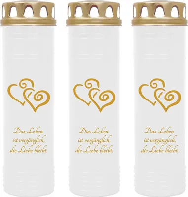 Produktbild von Grabkerze Weiß 3er Pack ( Druck Gold ), 170 Stunden/Kerze, Motiv: Herz