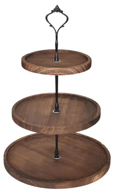 Produktbild von Etagere, Tortenständer aus Holz, 3-stöckiger, runder Tortenständer. Cupcake-Halter. Runder Servierturm, Dessertständer mit Metallgriff. Mehrstöckige Servierplatte für Hochzeiten