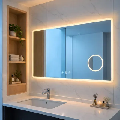 Imagen del producto de S'AFIELINA Espejo baño LED con Bluetooth 5.3, 120 × 60 cm, Espejo de aumento 3×, antivaho, 3 colores, regulable, táctil & memoria