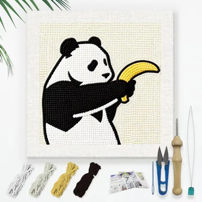 Produktbild von Punch Needle Bastelset für Anfänger, Panda mit Bananen, 24x24 cm, DIY Stickerei Set