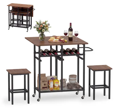 Produktbild von KOMFOTTEU Esstisch Set, 3-teiliger Küchentisch klappbar mit 2 Stühlen, Bartisch mit Weinregal & Ablage, Essgruppe mit Rollen für 2 Personen, Thekentisch Set für Wohnzimmer, Esszimmer & Küche