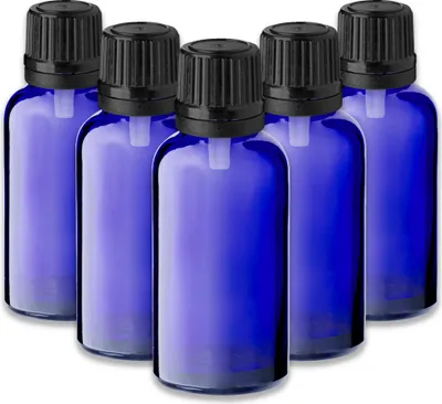 Produktbild von 5x Blaue Glasflasche 30 ml mit schwarzem Tropfeinsatz Tropfer leer