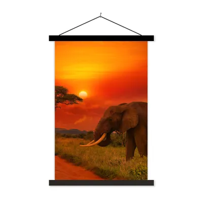 Produktbild von MuchoWow® Textilposter Elefant - Sonnenuntergang - Orange - Savanne - Tiere 40x60 cm mit schwarzem Rahmen - Wanddekorationen