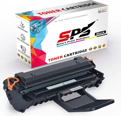 A black toner cartridge is shown in front of its packaging box.
