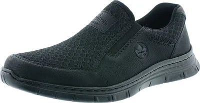 Produktbild von Rieker Herren Slipper, Schwarz, 41 EU Weite G, B4878-00, aus Synthetik, Textil, Kunstleder, Mesh. Mit MemoSoft Fußbett, Antistress-Ausstattung, Elastikeinsätzen, flexibler, rutschhemmender Laufsohle, gepolstertem Wechselfußbett, randgenäht (nicht wasserdicht).
