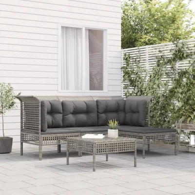 Produktbild von PUEAZU 5-tlg. Garten-Lounge-Set mit Kissen Grau Poly Rattan - Gartenmöbelgarnituren &2642