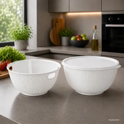 Rührschüssel mit Deckel + Salatseiher Sieb Weiß Kunststoff 3,7L