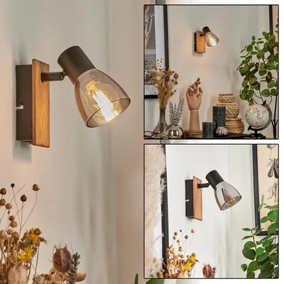 Produktbild von Buscoldo »Buscoldo« Wandlampe aus Metall/Holz/Glas in Schwarz/Natur/Rauchfarben