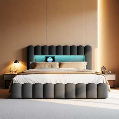 Immagine prodotto di Letto imbottito con funzione di ricarica USB e testata contenitore a LED, letto contenitore letto matrimoniale idraulico 140x200cm, letto con rete a doghe in metallo