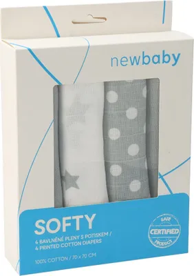 Obrázek produktu pro Látkové bavlněné pleny New Baby Softy s potiskem 70 x 70 cm 4 ks šedo-bílé