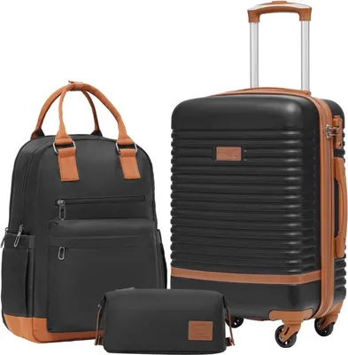 Image de COOLIFE Valise Trolley Valise de voyage ABS coque dure 4 roulettes serrure TSA 3pcs Set de bagages à main noir/marron