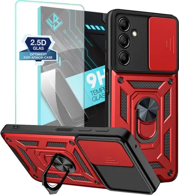 Produktbild von Armor Handyhülle für Samsung Galaxy A25 5G mit 9H Displayglas Displayschutz Kameraschutz Handy Panzer Case Cover Schutzhülle Outdoor Farbe: Rot