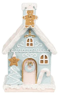 Productafbeelding van Clayre & Eef Lebkuchenhuis met LED-verlichting, 9x8x15 cm, blauw, van polyresine