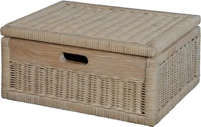 Zdjęcie produktu dla KRINES HOME Koszyk z pokrywką rattanowa plecionka kolor vintage biały, koszyk na półkę, koszyk na szafkę