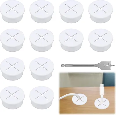 Produktbild von 12 Teiliger Kabeldurchführung Gummi Ø 25mm Oder 1 Zoll Kabeldurchführung mit 1 Bohrer Kabeldurchführung Weiß für Schreibtische und Computertisch (Weiß)