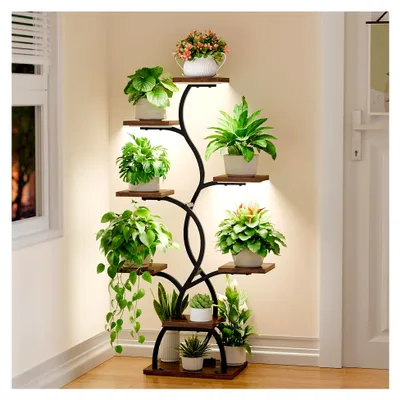 Produktbild von Pflanzenständer mit Wachstumslicht - 8-stöckiger Blumenständer 124 cm aus Metall und Holz - Blumentreppe für Innen- und Außenbereich - Dekoratives schwarzes Blumenregal für den Indoor-Garten und Balkon