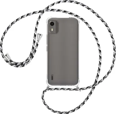 Produktbild von Handykette Backcover-Schutzhülle mit Band (Metall silberfarben) für Nokia C12, Nokia C12 Pro (6.3'') - schwarz/grau/weiß