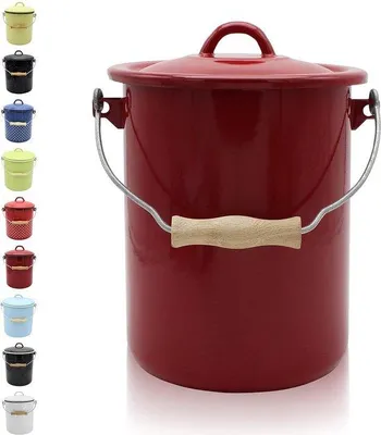 Image de Poubelle en acier avec revêtement émaillé et poignée en bois - 3 litres, rouge - résistante aux coupures et aux rayures - durable et polyvalente - poubelle avec couvercle