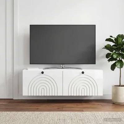 Zdjęcie produktu dla Maison Exclusive – wisząca szafka pod telewizor, biała, z połyskiem, 98 x 31 x 30 cm