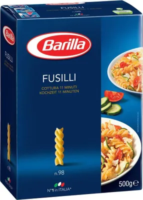 A box of Barilla Fusilli pasta.