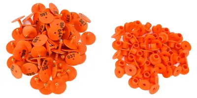 100 Viehohrmarken mit Zahlen, orange, für Schweine, Schafe, Füchse