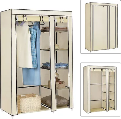 A beige fabric wardrobe with multiple shelves and a hanging rod, shown from the front.
