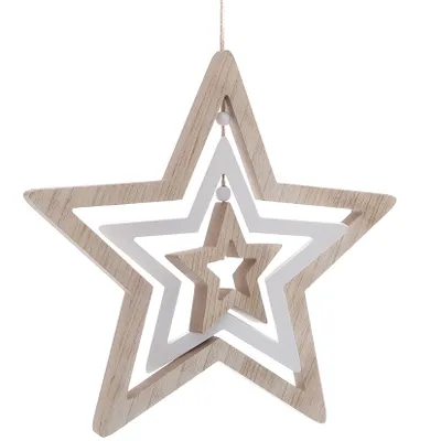 Produktbild von Deko Mobile aus Holz - Motiv: Stern / 36 cm - Dekofigur Sterne zum aufhängen Holzstern Hängedeko Deko