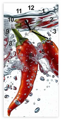 Produktbild von Wanduhr aus Glas mit Motiv Chilis im Wasser- 30 x 60 cm - inkl. Aufhängesystem