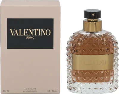 A product shot of a Valentino Uomo Eau de Toilette bottle and its packaging.