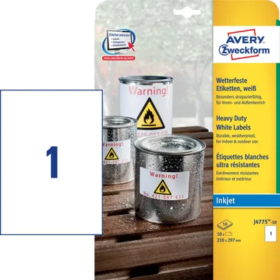 Immagine prodotto di Avery J4775 - Polyesteretiketten - weiß - A4 (210 x 297 mm) - 10 Stck. (10 Bogen x 1) (J4775-10)