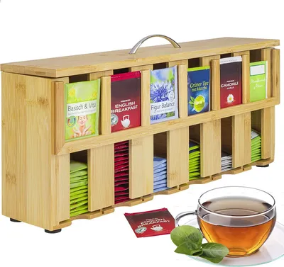 Produktbild von ONVAYA® Teebox aus Holz | Teekiste mit 6 Fächern | Teebeutelbox für ca. 200 Teebeutel | Tee Aufbewahrungsbox | Teebeutelspender aus Bambus | Teebeutel Organizer