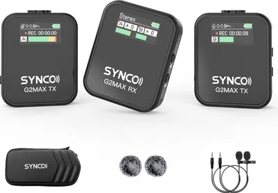 Produktbild von SYNCO G2MAX 1-Trigger-2 2,4 G kabelloses Mikrofonsystem, Ansteckmikrofon, 200 m uebertragungsreichweite, 8 GB integrierter Speicher, TFT-Bildschirm fuer Smartphone, Kamera, Camcorder, Vlog, Live-Streaming, Interview-Videoaufzeichnung