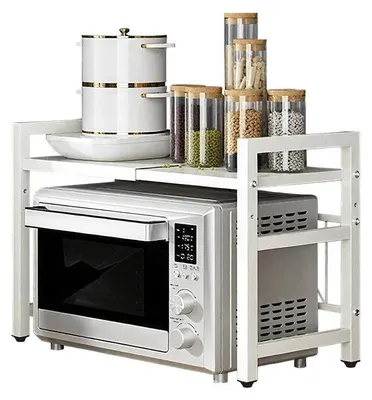 Produktbild von Mikrowellenregal - Arbeitsplattenregal - Verstellbar - Ausziehbar - 6 Haken - Freistehend - Nicht klappbar - Eisen - Weiß