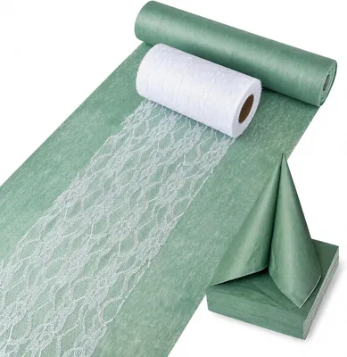 Produktbild von Tischdeko-Set – Vlies Tischläufer in Eukalyptus Grün 30 cm x 25 m mit weißem Spitzenband 15 cm x 25 m und 100 Servietten