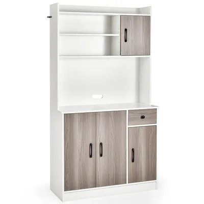 Zdjęcie produktu dla COSTWAY Szafka kuchenna o wysokości 180 cm ze zintegrowaną stacją ładującą, kredens bufetowy z blatem, blat roboczy, 4 regulowane półki Biały