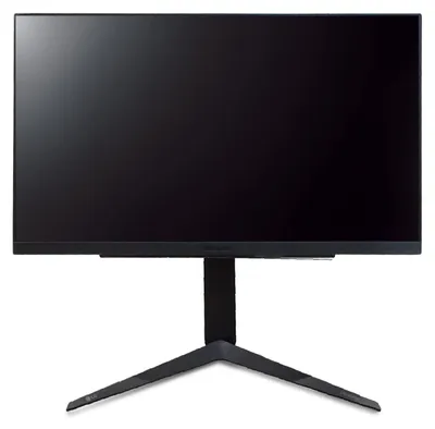 A black computer monitor on a black stand with a black base, set against a white background.
