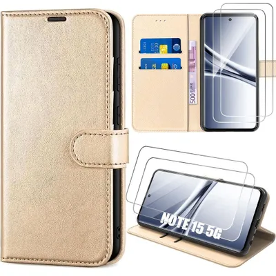 Image de Coque + 2 Verres Trempés pour Xiaomi Redmi Note 15 5G/4G, Protection Rabat Cuir Synthétique Antichoc Doré