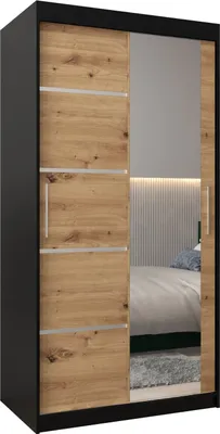 Produktbild von Kleiderschrank, Schiebetürenschrank Schlafzimmer, Schrank mit Spiegel VERONA 2 100 cm - Schwarz Matt + Artisan Eiche