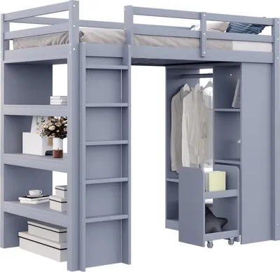 Produktbild von Kinderhochbett,Jugendbett,Einzelbett(Grau)Mit Mehrstufigen Regalen,Einfachen Kleiderbügeln und Ablagefächern,Mit 1 Herausnehmbaren Organisationswagen