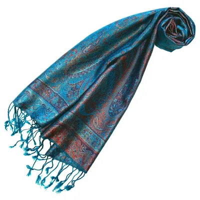 Zdjęcie produktu dla turkusowy szal z jedwabiu, 100% jedwab, wzór paisley, wymiary 36 x 160 cm