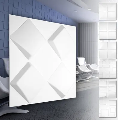 Produktbild von HEXIM 3D Wandpaneele, PVC Kunststoff weiß - Quadrat Design Paneele 50x50cm Wandverkleidung (0.25QM HD131) Verkleidung Nachbildung in weiß