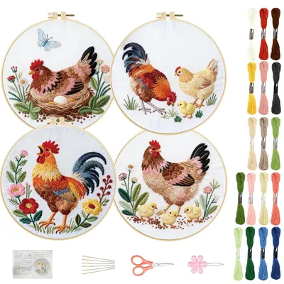 Borduurset für Anfänger, 4 Sets, Hühnermotiv, 2 Stickrahmen 29,5 cm, 16-teilig