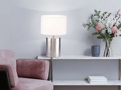 Produktbild von LED Tischlampe mit Keramikfuß Silber Antik & Lampenschirm Leinen Weiß, 43cm groß