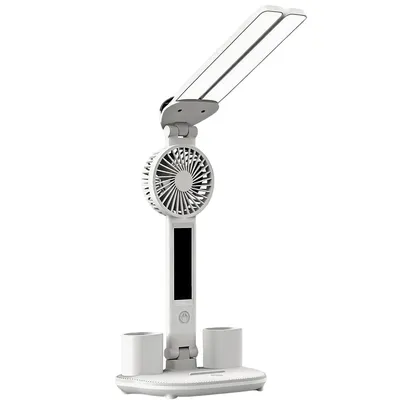 Produktbild von LED Schreibtischlampe, Tischlampe mit Ventilator und Uhr,2000mAh Akku,3 Beleuchtungsfarbe Modi,Stufenlosem Dimmen Berührbare Tischlampe, Leselampe für für Zuhause, Büro, Studentenwohnheim