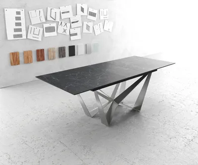 Produktbild von DELIFE Esstisch Edge 180-220x100cm Keramik Laminam®Nero Greco Anthrazit Mittelfuß Flachstahl Silber ausziehbar