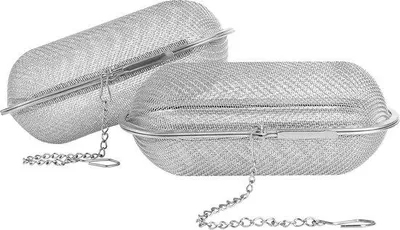 Produktbild von Unyqoos® Teesieb-Set (2) – ovales Tee-Ei aus Edelstahl 304, feinmaschig 0,2 mm, mit Kette und Verschluss, auslaufsicher für losen Tee & Kräuter