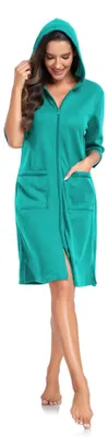 Imagen del producto de Bata ligera para mujer - Bata con cremallera - Bata absorbente - Bata suave - Bata con capucha - Grandes bolsillos - Bata de mujer